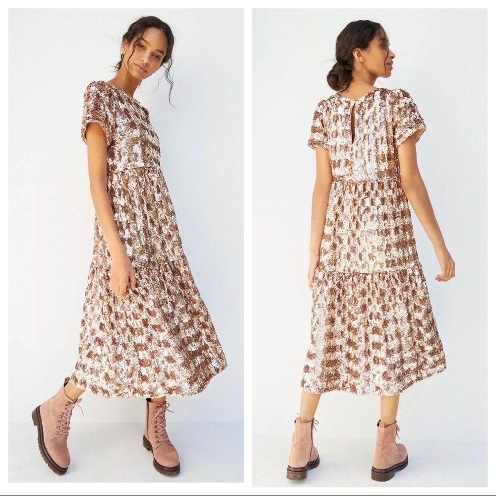 Rare Anthropologie Maeve Bernadette Sequined Midi Dress Rose Gold NWT Size XSP